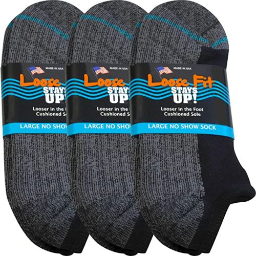 3Pack of Loose Fit Stays Up 'No Show' Socks to Size 19 in 2 Colors USA Made
